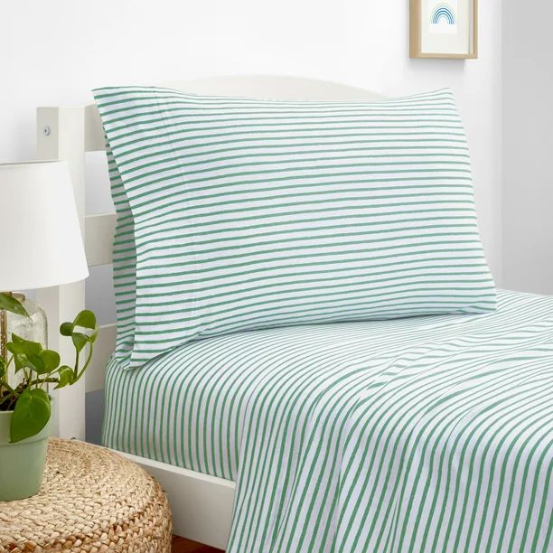 Gap Home Kids Mini Stripe T-Shirt Soft Jersey Organic Cotton Blend Sheet Set, Full, Green, 4-Piec... | Walmart (US)
