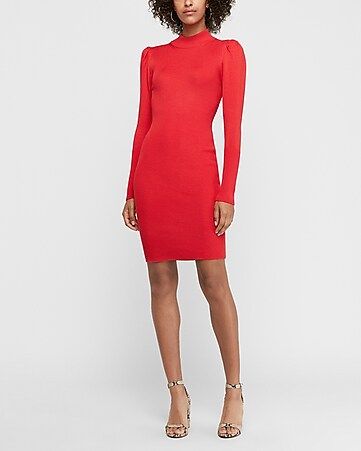 ribbed puff sleeve mock neck bodycon sweater dress | Express