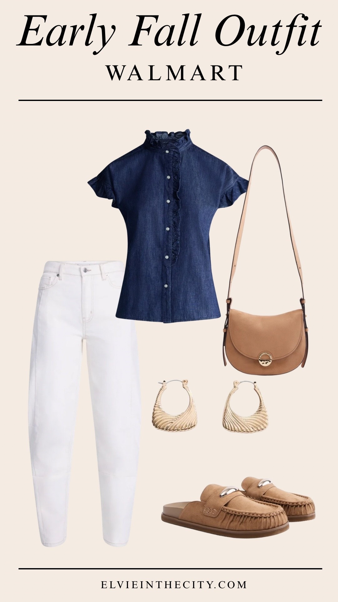 This early fall outfit from Walmart includes a Blue ruffle trim neck top, White high rise barrel jeans, Tan slip on mules, Tan crossbody bag, and a pair of Gold-toned hoop earrings. 


Walmart finds, fall outfit, over 50 style, midlife fashion, petite fashion,midlife women, affordable fashion, fashion over40

#LTKOver40 #LTKSeasonal #LTKPetite