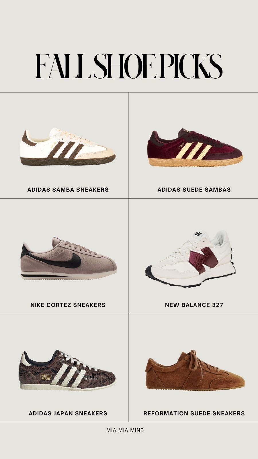 Fall sneaker guide
Adidas samba sneakers in brown
Burgundy sneakers
New balance 327 sneakers
Nike fall sneakers



#LTKFindsUnder100 #LTKActive #LTKShoeCrush