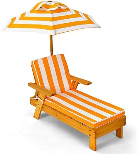 Costzon Kids Chaise Lounge, Wood Patio Chair w/Cushion & Umbrella, Detachable & Height Adjustable... | Amazon (US)