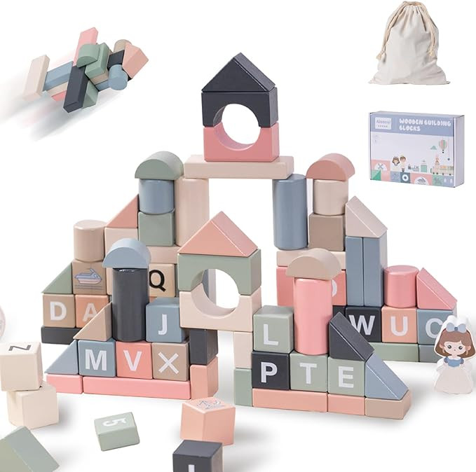 Wooden Blocks Set 88Pcs Building Blocks for Toddlers Shape Sorting Stacking Toy Natural Wood Stor... | Amazon (US)