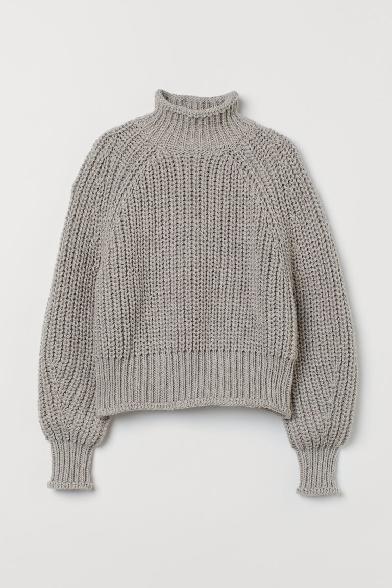 Boxy sweater in soft, knit fabric with wool content. Roll-edge mock turtleneck, long, wide raglan... | H&M (US)