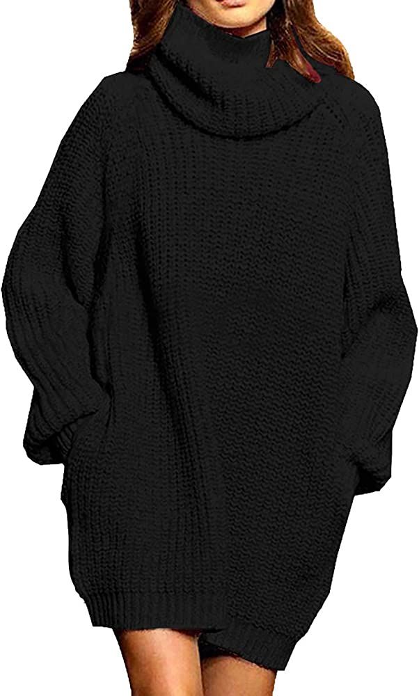 Selowin Women's Loose Turtleneck Long Sleeve Pullover Sweater Knit Dress with Pockets | Amazon (US)