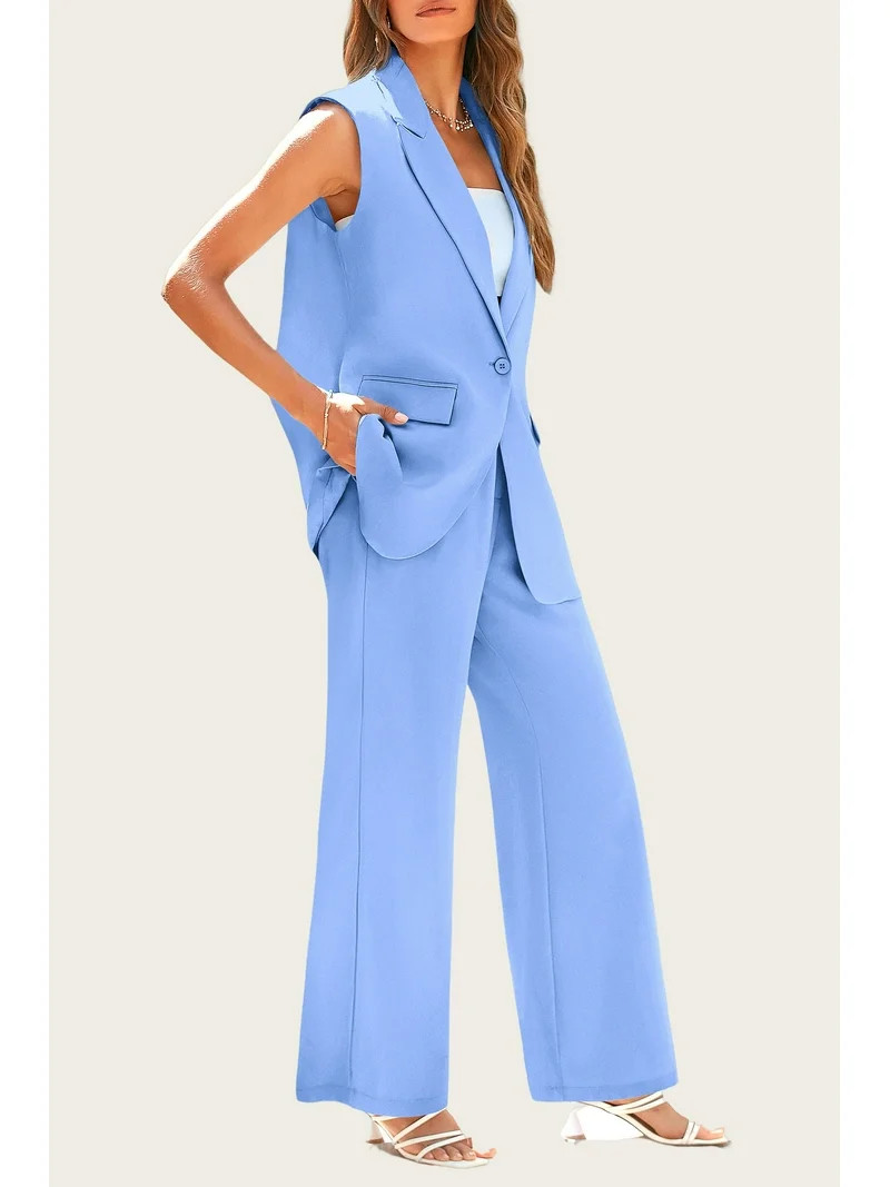 PRETTYGARDEN Women's 2 Piece Outfits Sleeveless Suit Vest and Wide Leg Pants Business Casual Blaz... | Walmart (US)