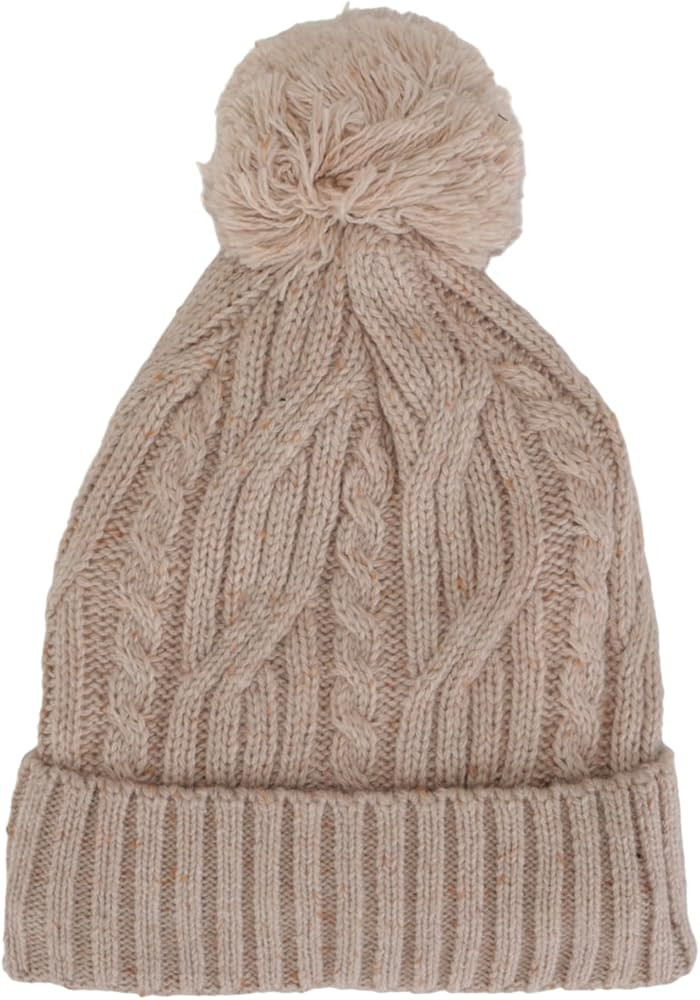 MAXWISEThick Cable Knit Faux Fuzzy Fur Pom Fleece Lined Skull Cap Cuff Beanie Khaki | Amazon (US)