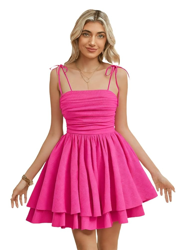 WDIRARA Women's Tie Shoulder Ruched Sleeveless Shirred Layered Ruffle Hem Cocktail Party Cami Dre... | Amazon (US)