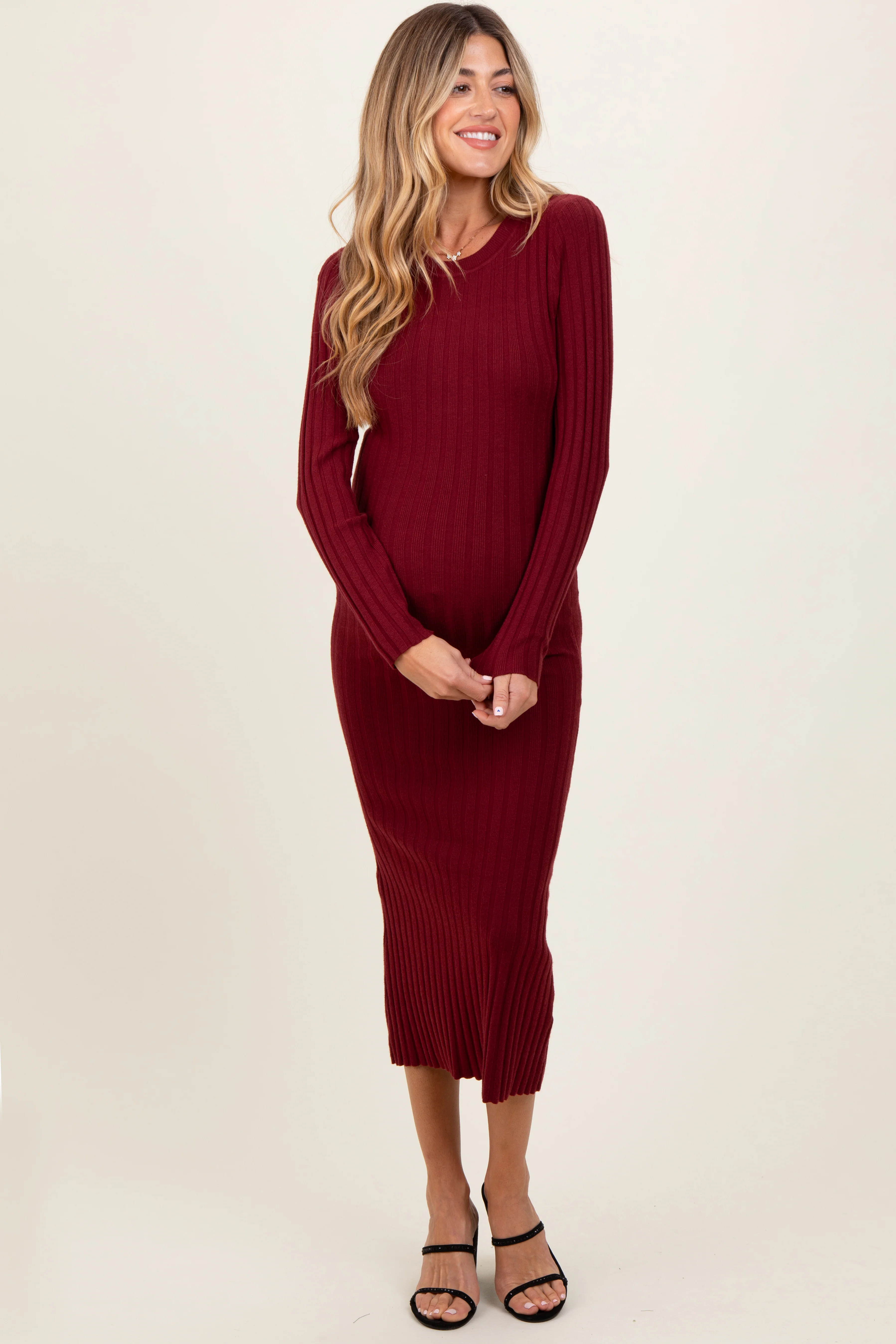 Burgundy Ribbed Knit Fitted Maternity Midi Sweater Dress | PinkBlush Maternity