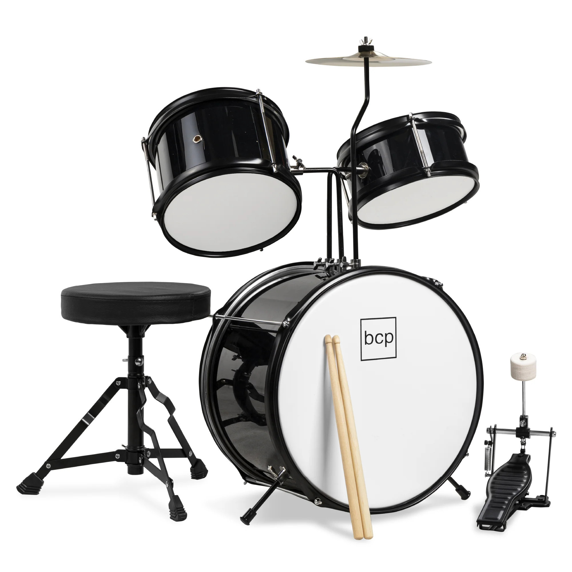 3-Piece Kids Beginner 🥁 Drum Musical Instrument Set w/ Sticks, Stool, Pedal | Best Choice Products 