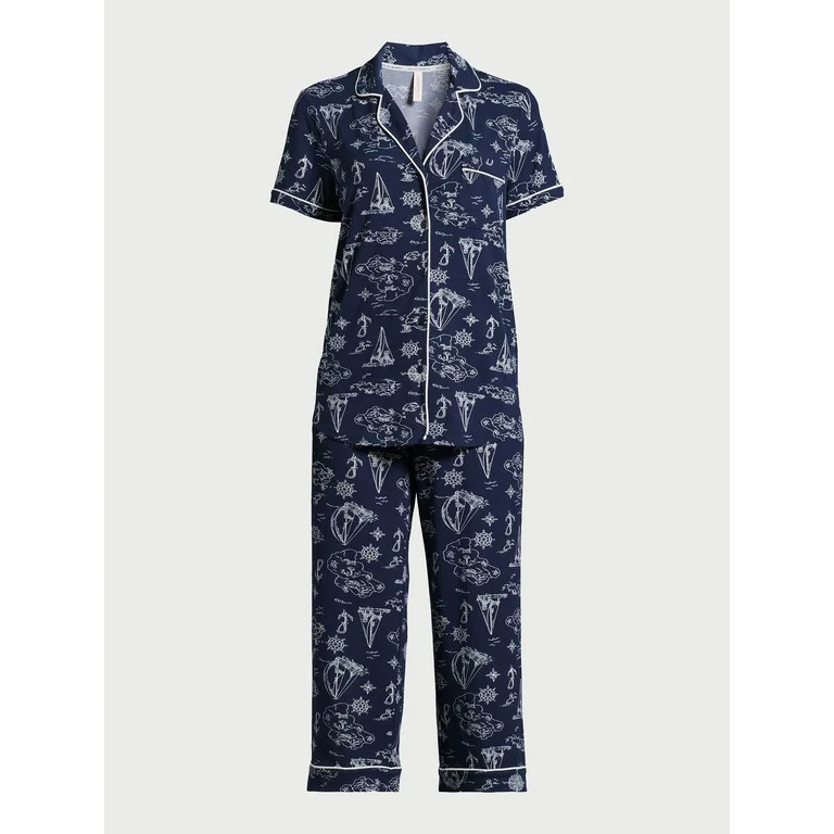 Joyspun Women's Knit Notch Collar Top and Capri Pants Pajama Set, 2-Piece, Sizes S to 3X | Walmart (US)