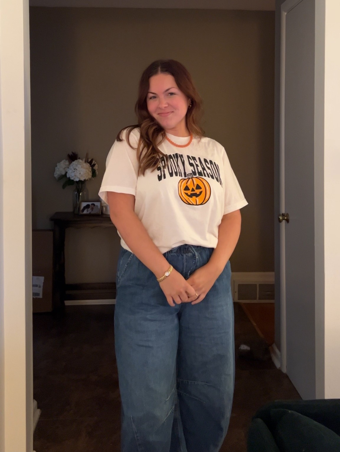 sPoOkY season casual outfit 🎃 featuring my Halloween shirt and barrel jeans from Old Navy 

#LTKHalloween #LTKStyleTip #LTKMidsize