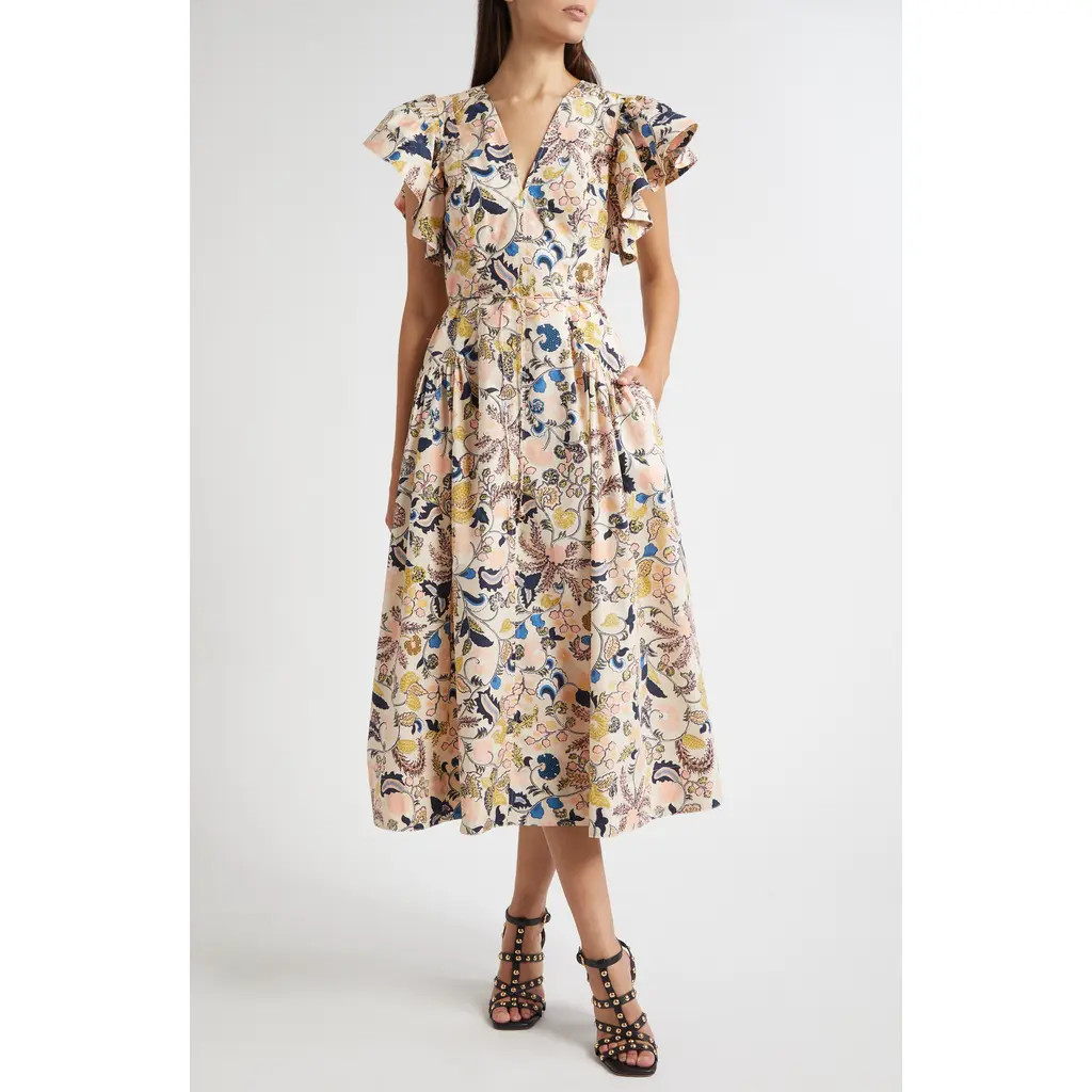 Ulla Johnson Darya Paisley Floral Flutter Sleeve Cotton Dress in Magnolia at Nordstrom Rack, Size 00 | Nordstrom Rack