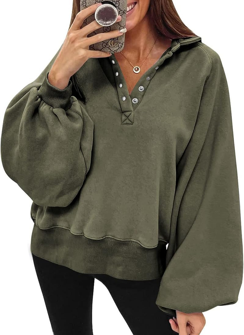 Dokotoo Womens 2023 Fashion Oversized Loose Lantern Sleeve Button Collar Pullover Sweatshirts Top... | Amazon (US)