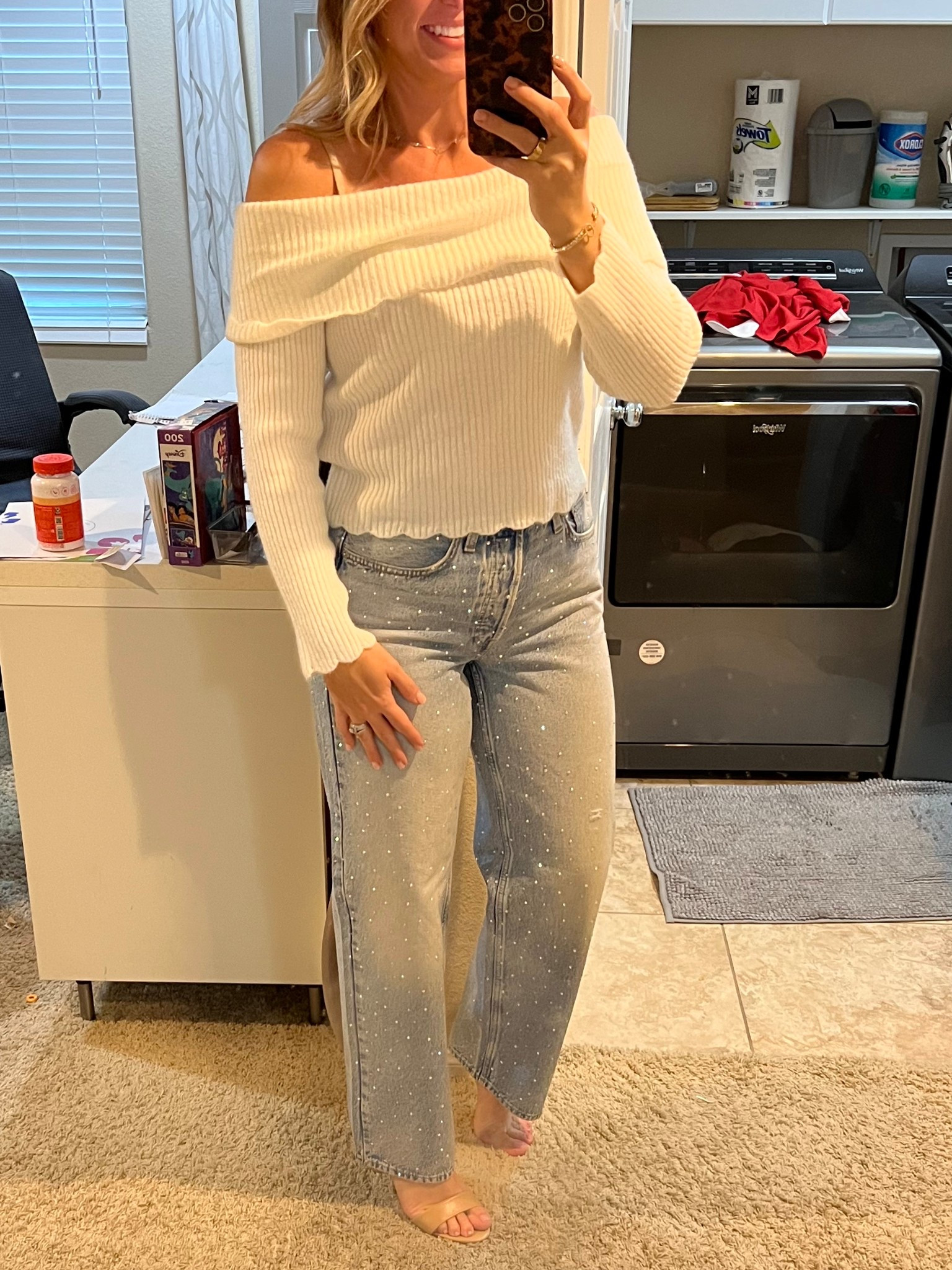 Cute rhinestone jeans with a comfy off the shoulder shirt

#LTKParties #LTKMidsize #LTKHoliday