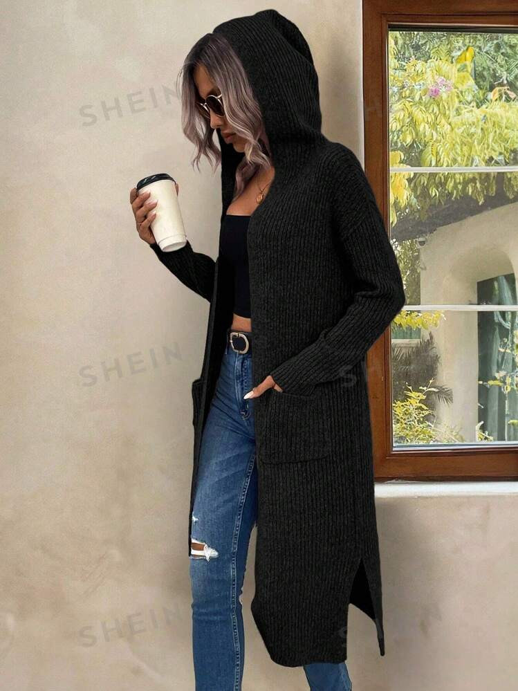 SHEIN LUNE Sold Dual Pocket Hooded Cardigan | SHEIN
