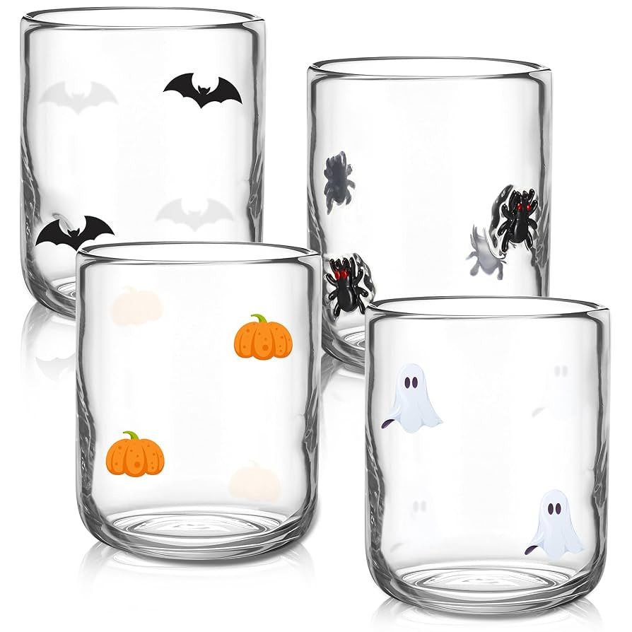 Skylety 4 Pcs Halloween Icon Glass Cups Set - 14oz Pumpkin Spider Bat Ghost Stemless Wine Glasses... | Amazon (US)