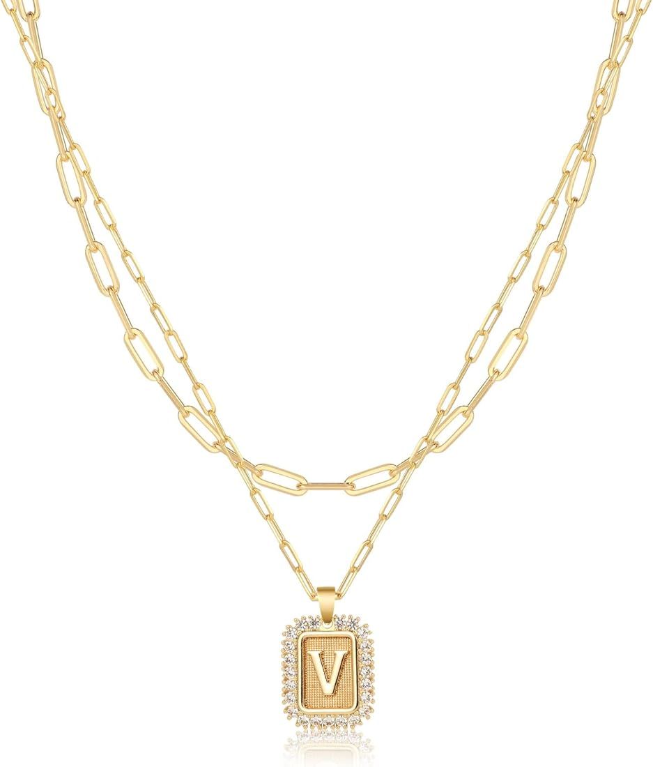 VENOCO Initial Necklaces for Women, Trendy Gold Letter Necklace Dainty Layered Paperclip Choker N... | Amazon (US)