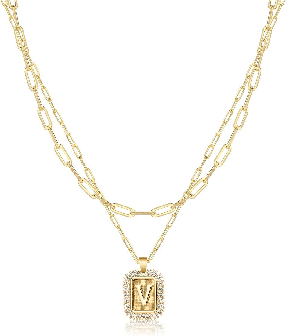 VENOCO Initial Necklaces for Women, Trendy Gold Letter Necklace Dainty Layered Paperclip Choker N... | Amazon (US)