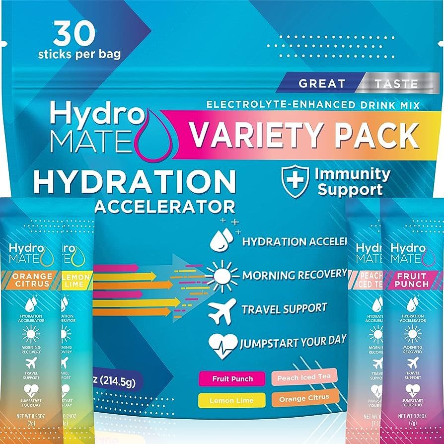 HydroMATE Electrolytes Powder Drink Mix Packets Hydration Accelerator Low Sugar Rapid Party Recov... | Amazon (US)