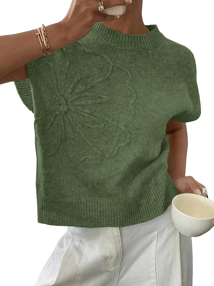 Saodimallsu Womens Short Sleeve Sweater Trendy Floral Pullover Sweaters Summer Casual Crewneck Li... | Amazon (US)