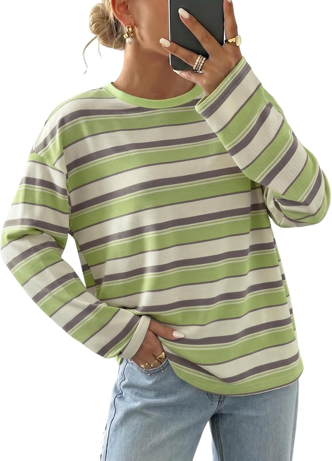 Dokotoo Womens Crew Neck Tops Casual Long Sleeve Striped Shirts for Women | Amazon (US)