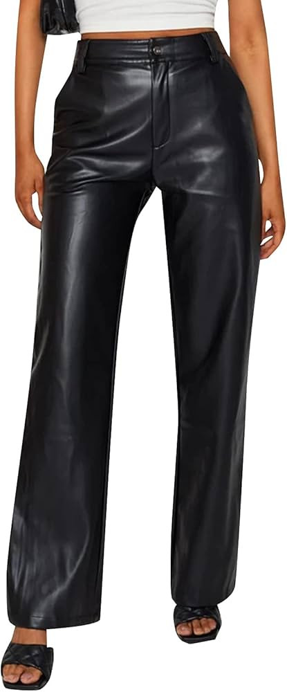 Faux Leather Pants for Women Solid Color High Waist Straight Leg Trousers Vintage 90s Streetwear ... | Amazon (US)