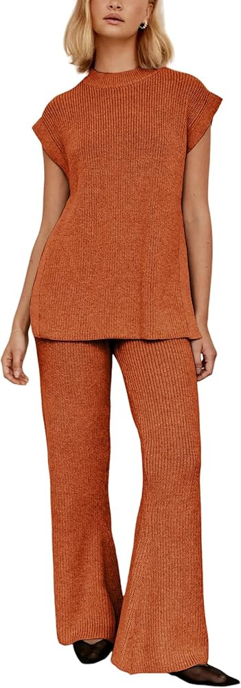 Lviefent Womens 2 Piece Outfits Sweater Set Sleeveless Side Slit Pullover Top Knit Wide Leg Pants... | Amazon (US)