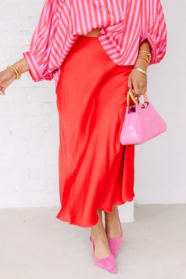 TWT®  Gwen Red Satin Midi Skirt Red / One Size | The Willow Tree