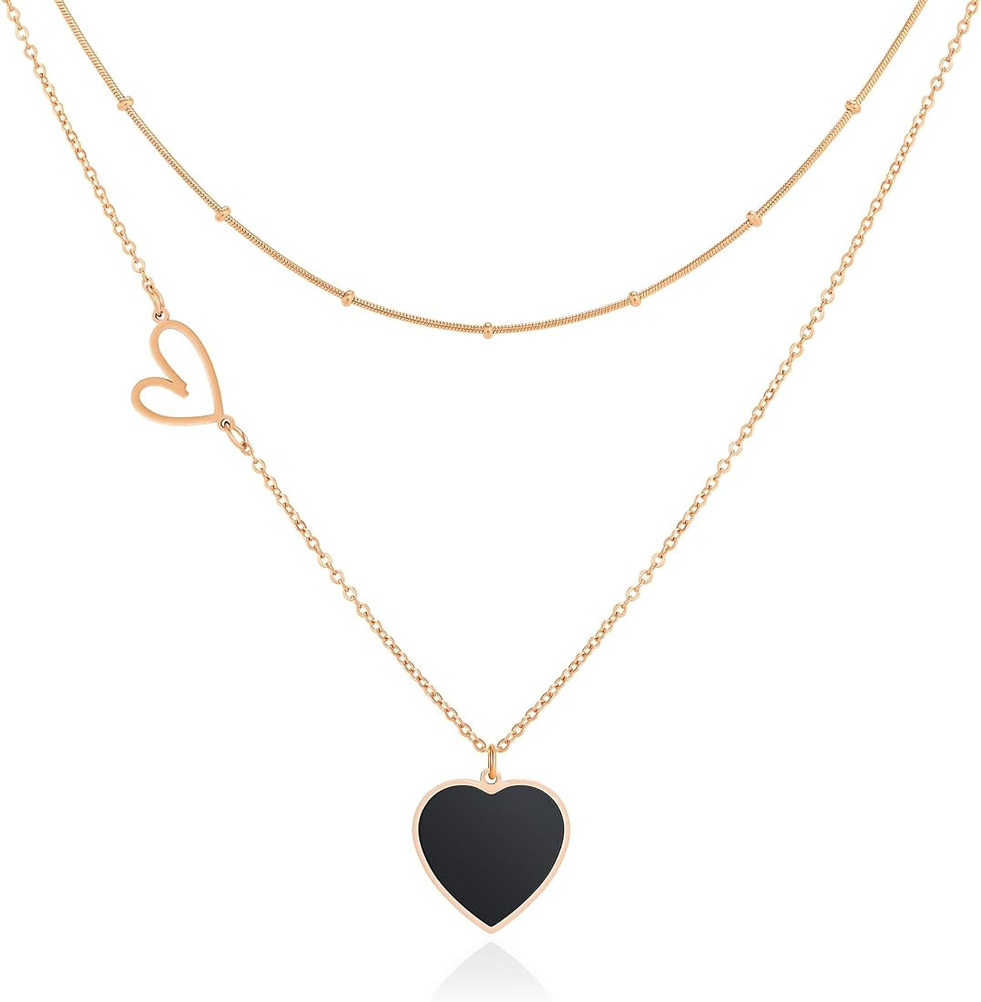 Linawe Heart Pendant Layered Necklaces for Women Trendy, Stainless Steel Hypoallergenic Choker La... | Amazon (US)