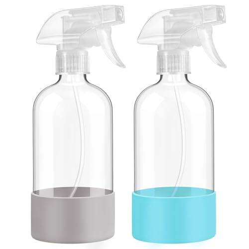 Glass Spray Bottles with Silicone Sleeve Protection, 16 oz 2 Pack, Empty Refillable Containers, Reusable Spray Bottles with Adjustable Nozzle for Hair, Cleaning Solutions and Plants , Blue&Grey | Amazon (US)