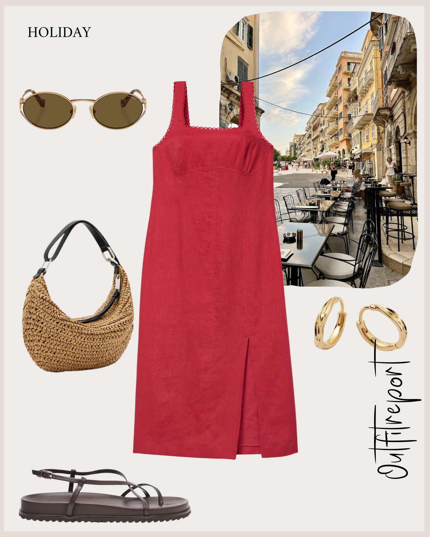 Vacation holiday outfit in sandals red midi dress and raffia handbag 

#LTKeurope #LTKsummer #LTKspring