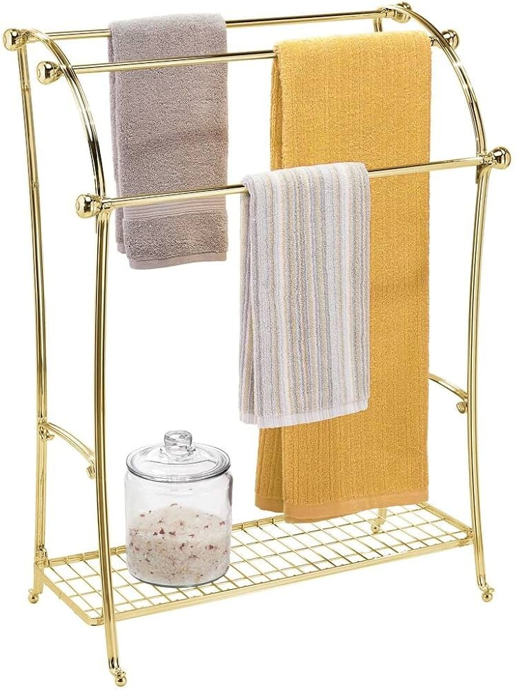 mDesign Large Freestanding Towel Rack Holder with Storage Shelf - 3-Tiered Metal Organizer for Ba... | Amazon (US)