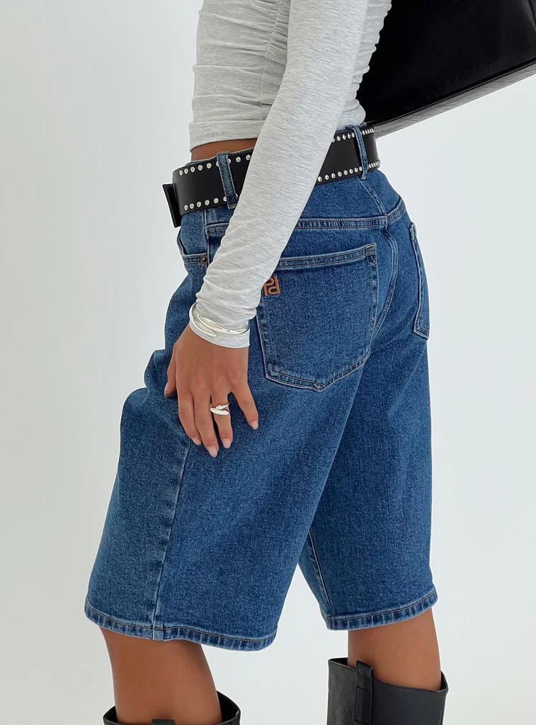 Retro Dream Mid Rise Longline Denim Shorts Mid Wash | Princess Polly US