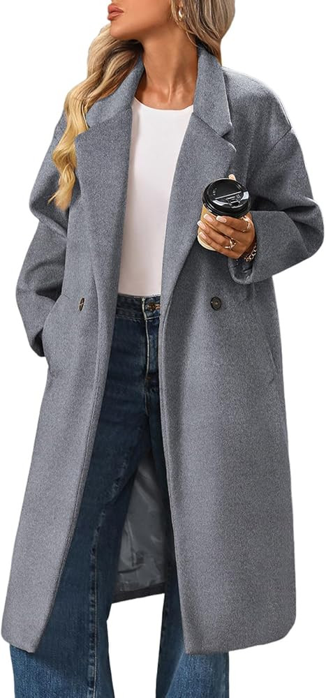 Women's Winter Wool Coat Double Breasted Long Sleeve Notch Lapel Oversized Long Peacoat | Amazon (US)