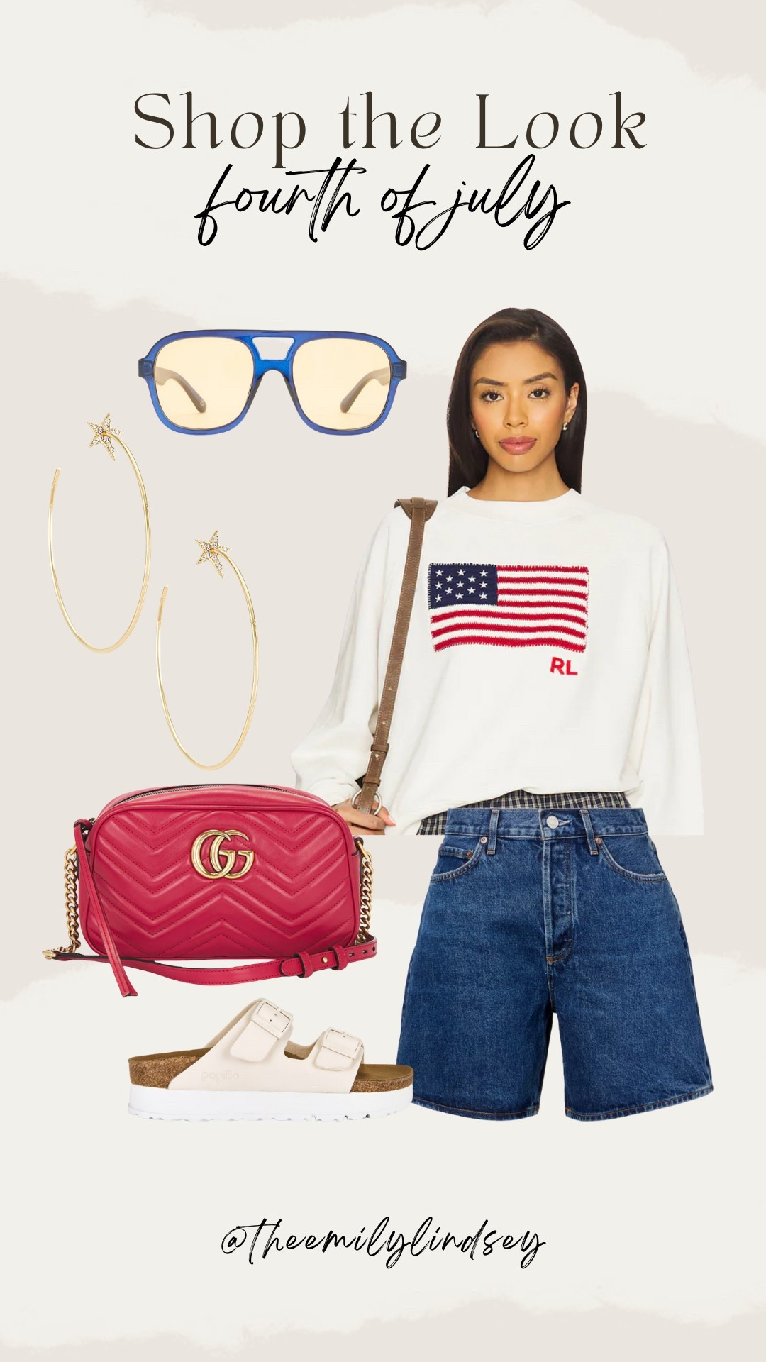 The cutest outfit idea for the 4th of July! Love this USA flag sweater and these dark wash denim shorts. The star hoop earrings are the cutest touch. ⭐️🇺🇸 

The Emily Lindsey, summer outfit idea, agolde shorts, Gucci red handbag, blue aviator sunglasses, cream platform Birkenstocks, sandals.



#LTKStyleTip #LTKOver40 #LTKSeasonal