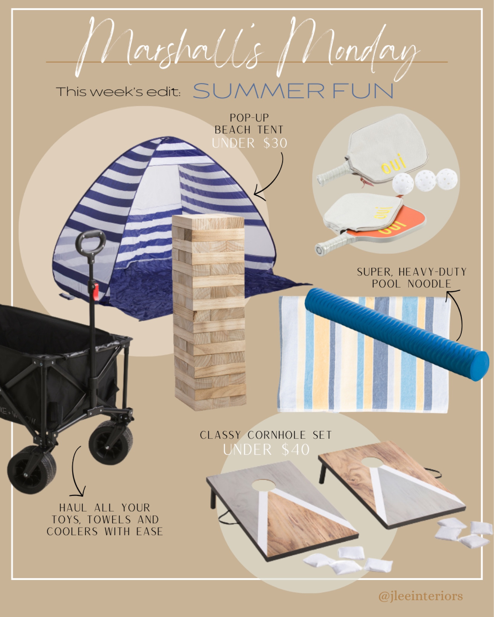 This week’s Marshall’s Monday is all about summer fun and games! There’s a beach tent, pickleball set, a super pool noodle, a corn hole set, a lawn Jenga set, and a convenient wagon to haul all the toys to the beach!

#SummerFun #SummerToys #FamilyVacation #BeachToys #BeachDay #Toys #Wagon #pickleball #Marshalls #MarshallsMonday 

#LTKfindsunder50 #LTKhome #LTKSeasonal