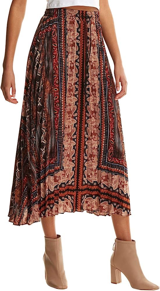 Floerns Women's Boho Elastic Waist Scarf Print Pleated Midi Skirt | Amazon (US)