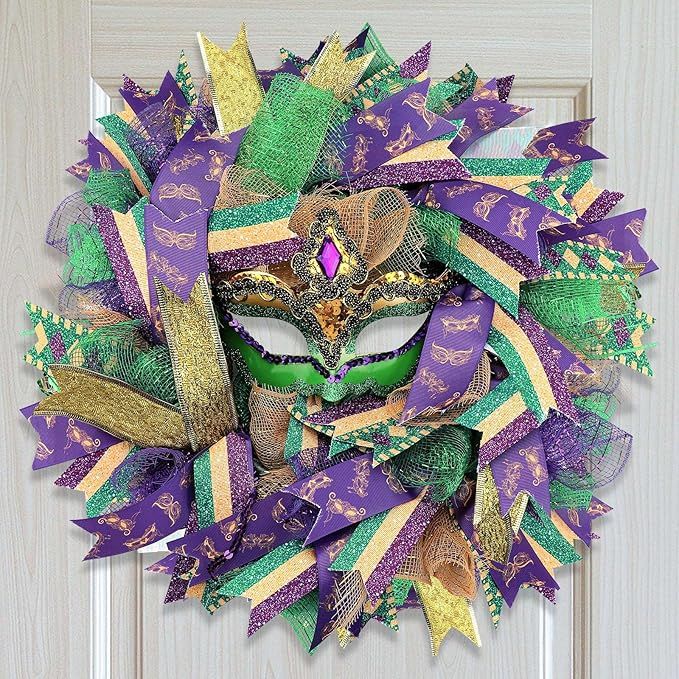 Hotop Mardi Gras Wreath 15.7 Inch Mardi Gras Door Wreath with Venetian Mask Purple and Green Glit... | Amazon (US)