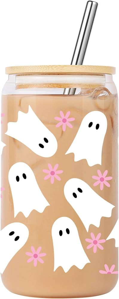 Boho Ghost Iced Coffee Cup, 16oz Halloween Glass Cup with Lid and Straw, Ghost Daisy Coffee Tumbl... | Amazon (US)