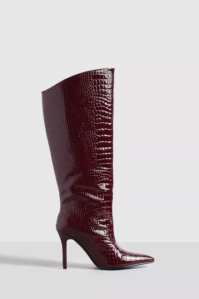 Asymmetric Croc Mid Height Stiletto Knee High Boots | Boohoo.com (UK & IE)