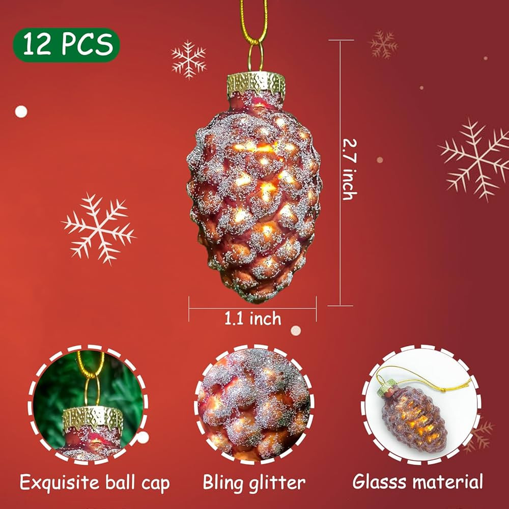 12PCS Vintage Christmas Pinecone Ornaments Glitter Pine Cones Glass Christmas Ornaments for Tree ... | Amazon (US)
