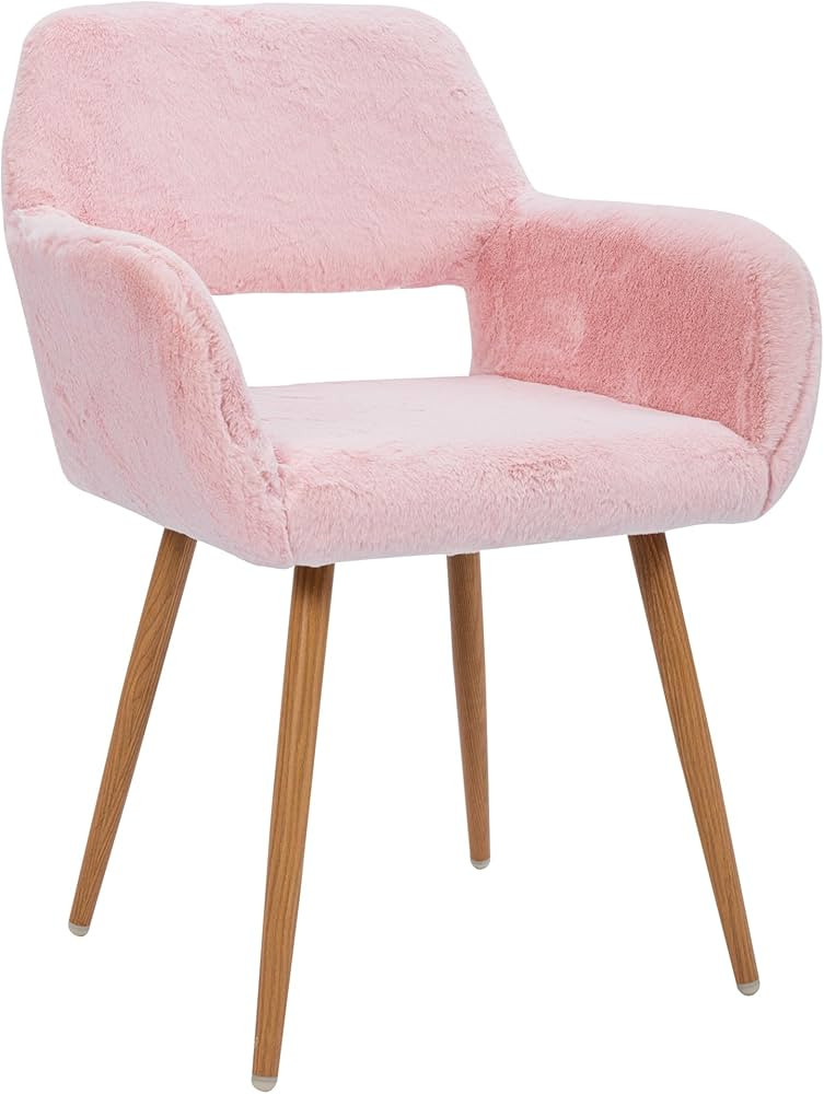 Furry Desk Chair, Modern Home Office Chair Without Wheels, Faux Fur Vanity Chair with Hollow Back... | Amazon (US)