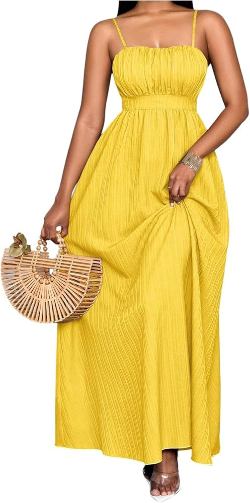 Women's Boho Maxi Dress for Wedding Guest Flowy Milkmaid Dress Ruffle Ruched Sleeveless Summer Va... | Amazon (US)