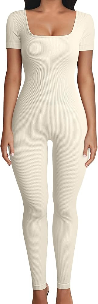 OQQ Women Yoga Jumpsuits Workout Ribbed Short Sleeve Square Neck Sport Jumpsuits | Amazon (US)