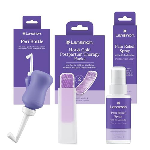 Lansinoh 4% Lidocaine Perineal Spray, Pain Relief, Postpartum Care, 3.5 Oz + Hot & Cold Pads, Postpartum Essentials, 2 Ct Postpartum Pads + Upside Down Peri Bottle for Gentle Cleansing, 12.2 Oz Bottle | Amazon (US)