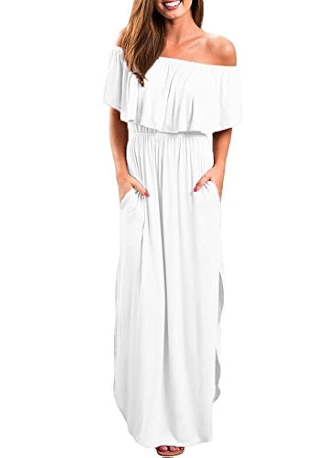 LILBETTER Womens Off The Shoulder Ruffle Party Dresses Side Split Beach Maxi Dress | Amazon (US)