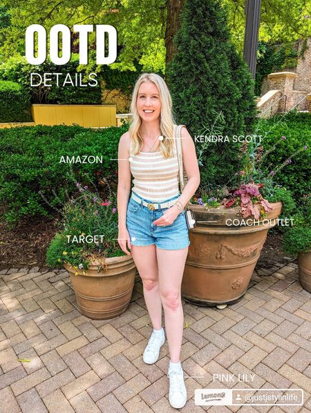 Neutral spring summer outfit. • Tan striped knit tank top• High waist denim shorts• White belt• White sneakers• Crossbody Coach bag• Kendra Scott necklaces

#LTKfindsunder50 #LTKstyletip #LTKSeasonal