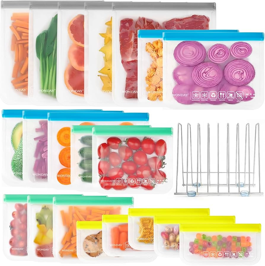 20 Pack Reusable Food Storage Bags and 1 Silicone Bag Drying Rack, Reusable Freezer Bags Assorted... | Amazon (US)