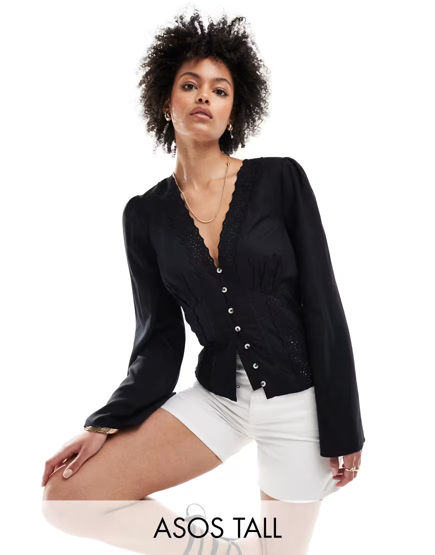 ASOS DESIGN Tall lace insert button down top in black | ASOS (Global)