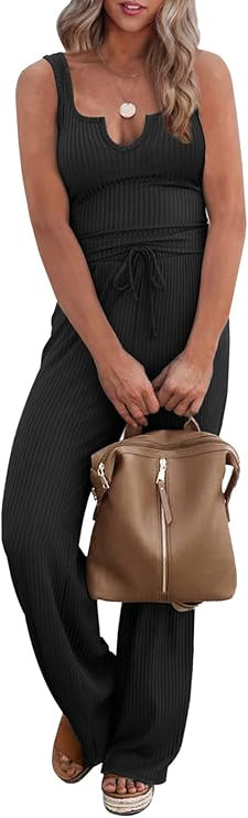 PRETTYGARDEN Womens Summer Casual Two Piece Outfits Sweatsuits Tank Scoop Neck Ribbed Knit Long P... | Amazon (US)